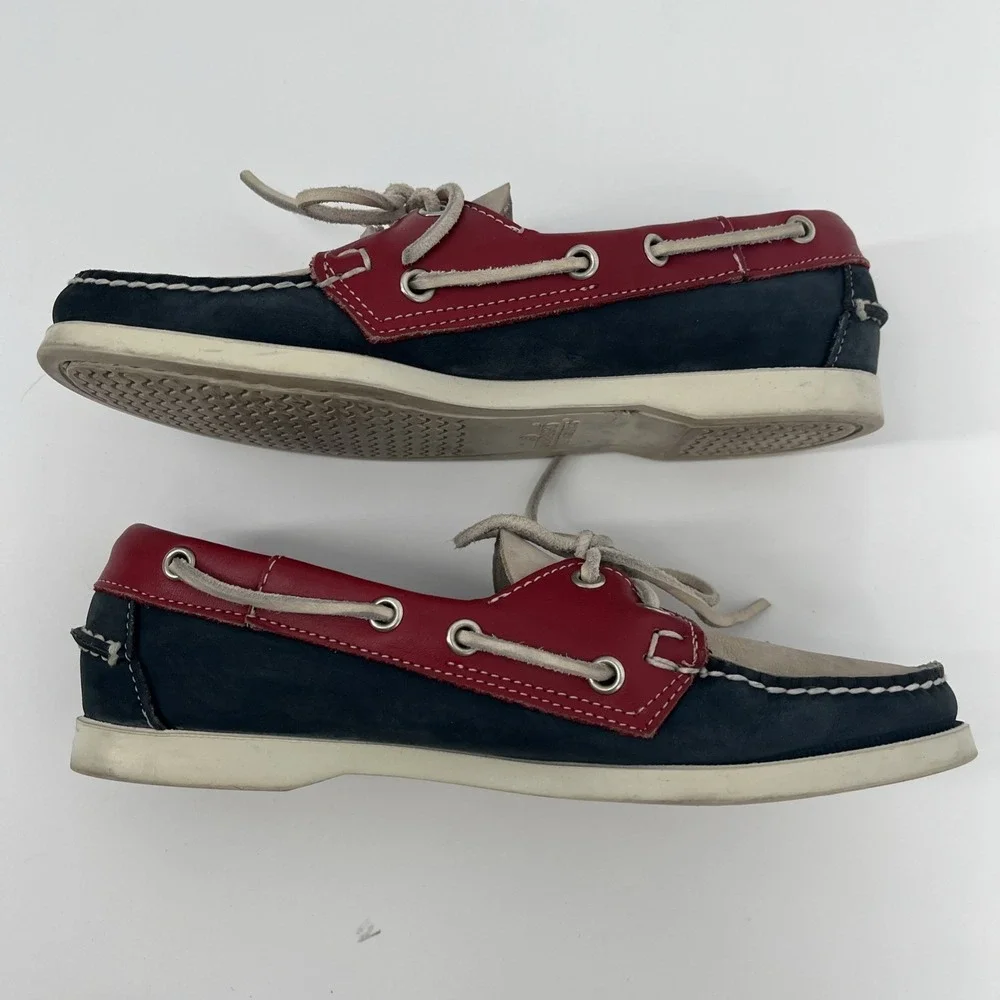 Vintage Sebago Womens Boat Shoes Size 7M Docksides‎ Navy Red Ivory Leather USA